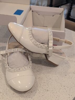 White Embellished Mary Jane Slingback Heels -  Little Girls Shoes, Size 12